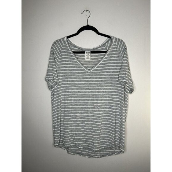 Pink Victoria's Secret Gray White Striped Short Sleeve V Neck Size Small - Picture 1 of 10